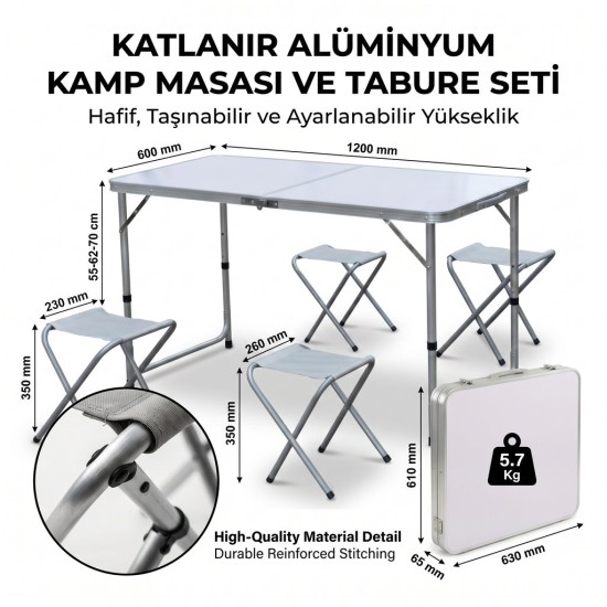 toptan-xml-dropshipping-Katlanabilir Alüminyum Kamp Masası ve 4 lü Tabure Seti