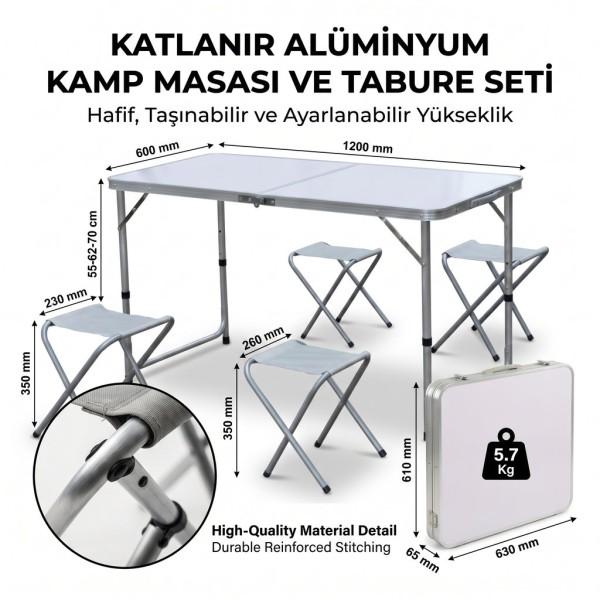 toptan-xml-dropshipping-Katlanabilir Alüminyum Kamp Masası ve 4 lü Tabure Seti