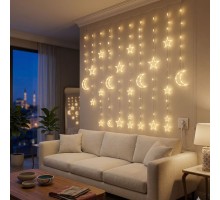 3 Metre Perde LED Işık Zinciri - Yıldız ve Ay Figürlü Sarı Işık Uç Uca Eklenebilir