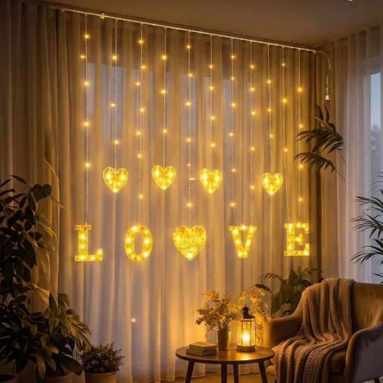 toptan-xml-dropshipping-3 Metre Perde Led Işık - 8 Modlu Kalp ve LOVE Figürlü Dekoratif Animasyonlu Led