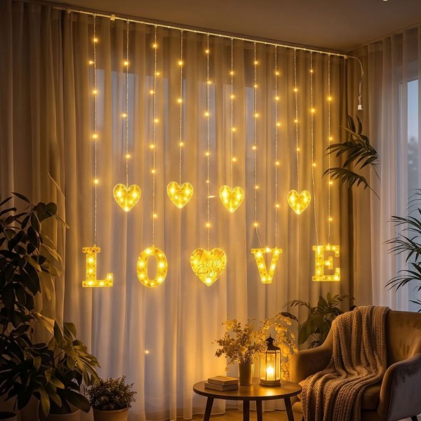toptan-xml-dropshipping-3 Metre Perde Led Işık - 8 Modlu Kalp ve LOVE Figürlü Dekoratif Animasyonlu Led