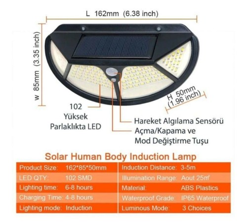 toptan-xml-dropshipping-Solar Güneş Enerjili 102 Ledli 3 Modlu Hareket Sensörlü Oval Bahçe Lambası