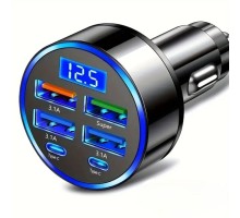 6 Portlu Hızlı Araç Şarj Cihazı – 4 USB + 2 Type-C Çıkışlı Dijital Göstergeli Oto Şarjı