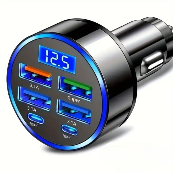 toptan-xml-dropshipping-6 Portlu Hızlı Araç Şarj Cihazı – 4 USB + 2 Type-C Çıkışlı Dijital Göstergeli Oto Şarjı