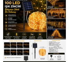 Solar 100 LED Gün Işığı Peri Led Işık Zinciri Bahçe ve Balkon Aydınlatma