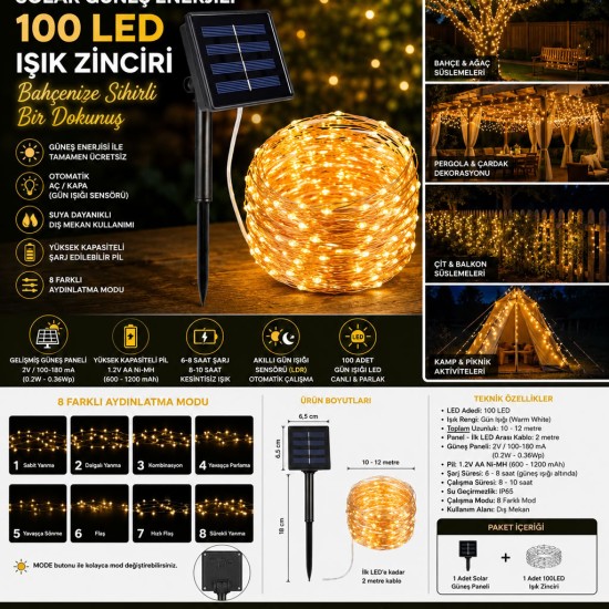 toptan-xml-dropshipping-Solar 100 LED Gün Işığı Peri Led Işık Zinciri Bahçe ve Balkon Aydınlatma