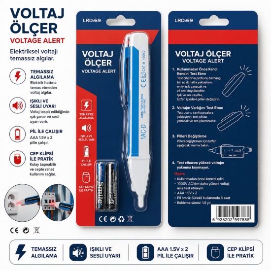 toptan-xml-dropshipping-Temassız Voltaj Ölçer Kalemi 90-1000V AC – LED Işıklı ve Sesli Elektrik Test Cihazı