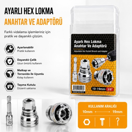 toptan-xml-dropshipping-Ayarlı Hex Lokma Anahtar ve Matkap Adaptörü (10-19mm, 3/8")