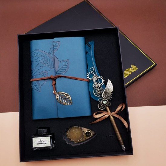 toptan-xml-dropshipping-Kaligrafi Kalem Ve Vintage Tasarım Deri Defter Mavi