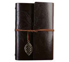 Büyük Yaprak Desenli Deri Defter Koyu Kahverengi