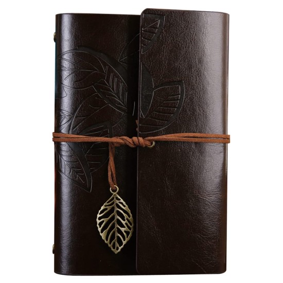 toptan-xml-dropshipping-Büyük Yaprak Desenli Deri Defter Koyu Kahverengi
