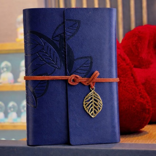toptan-xml-dropshipping-Lacivert Deri Yaprak Desenli Defter