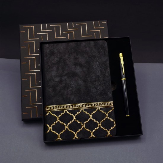 toptan-xml-dropshipping-Gold Desen Siyah Deri Defter Kalem Set