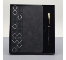 Desenli Siyah Deri Defter Kalem Set