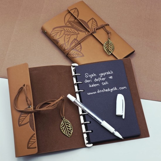 toptan-xml-dropshipping-Siyah Yapraklı Deri Defter Ve Kalem Seti