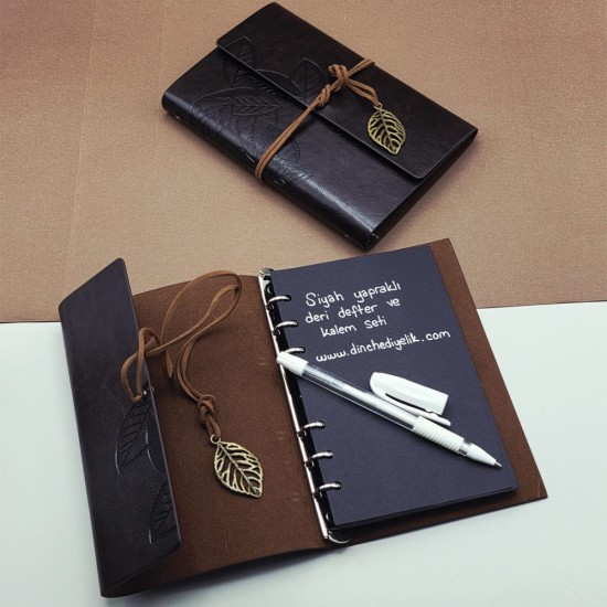 toptan-xml-dropshipping-Beyaz Jel Kalem Ve Siyah Yapraklı Deri Hatıra Defteri
