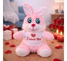 I Love You Tişörtlü Sevimli Pembe Peluş Tavşan