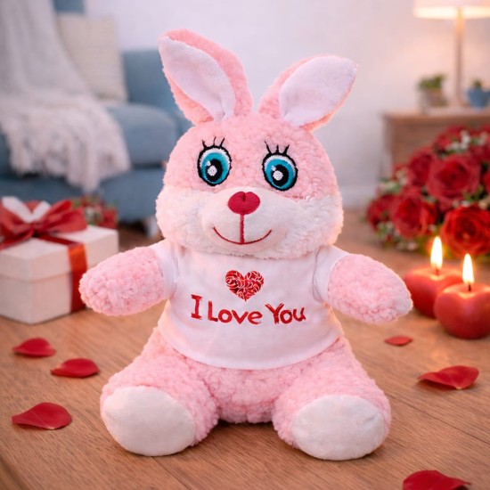 toptan-xml-dropshipping-I Love You Tişörtlü Sevimli Pembe Peluş Tavşan