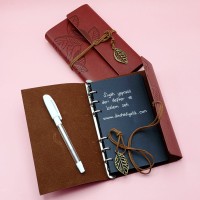 Kahverengi Siyah Yapraklı Deri Defter Ve Beyaz Jel Kalem Set