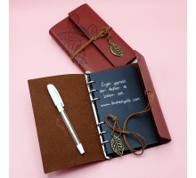 Kahverengi Siyah Yapraklı Deri Defter Ve Beyaz Jel Kalem Set