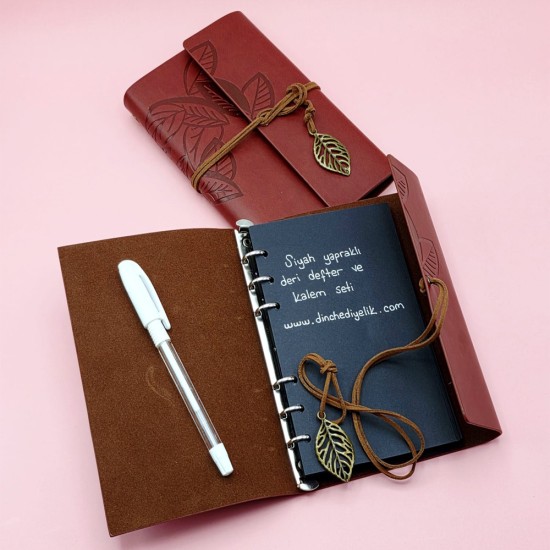 toptan-xml-dropshipping-Kahverengi Siyah Yapraklı Deri Defter Ve Beyaz Jel Kalem Set