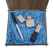 Özel Ahşap Kutulu Silver Roller Kalem Çakmak ve Deri Anahtarlık Seti