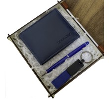 Mavi Cüzdan Kalem ve Deri Mavi Anahtarlık Set