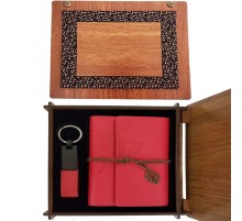 Ahşap Kutulu Kırmızı Deri Defter ve Anahtarlık Set
