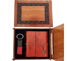 Ahşap Kutulu Kahve Deri Defter ve Anahtarlık Set