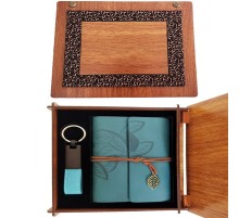 Ahşap Kutulu Mavi Deri Defter ve Anahtarlık Set