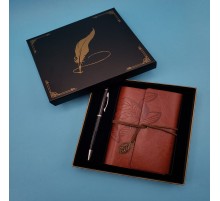 Deri Defter ve Tükenmez Kalem Karton Kutu Kahverengi