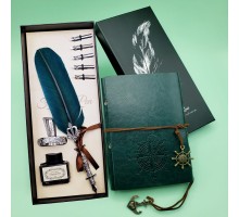 Deri Defter ve Tüylü Mürekkepli Kalem Seti Yeşil