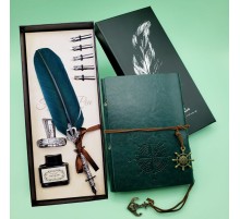 Deri Defter ve Tüylü Mürekkepli Kalem Seti Yeşil