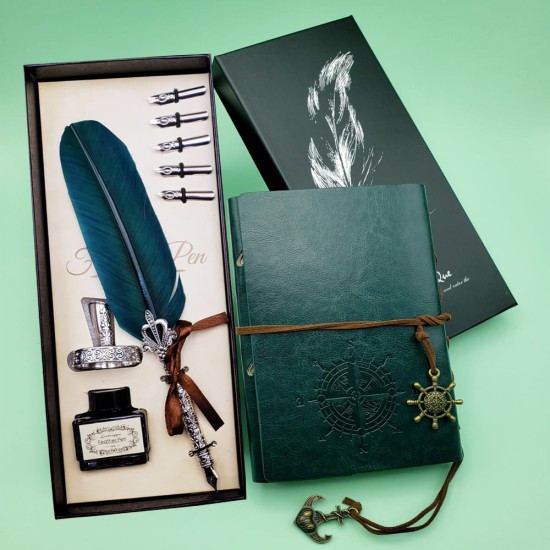 toptan-xml-dropshipping-Deri Defter ve Tüylü Mürekkepli Kalem Seti Yeşil