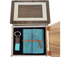 Özel Ahşap Kutulu Mavi Deri Defter ve Anahtarlık Set