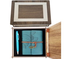 Özel Ahşap Kutulu Mavi Deri Defter ve Kalem Set