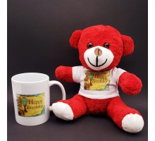 Happy Birthday Baskılı Kırmızı Ayı Ve Kupa Bardak Seti