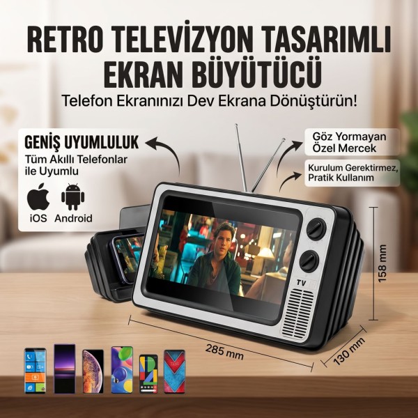Retro TV Tasarımlı Telefon Ekran Büyütücü – Nostaljik Masaüstü Mercekli Ekran Standı