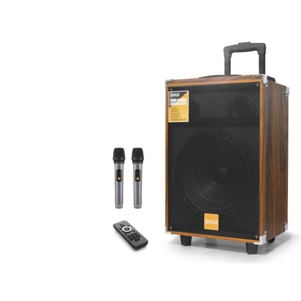 toptan-xml-dropshipping-Bluetooth Hoparlör Fm Radyo 12 Inç Usb Tf Aux Çift Mikrofonlu Kumandalı - Ahşap BQ12
