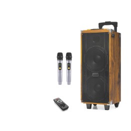 Çift Karaoke Mikrofonlu Bluetooth Hoparlör Fm Radyo 50W 2x8 İnç Rgb Kumandalı Ahşap JBR8808