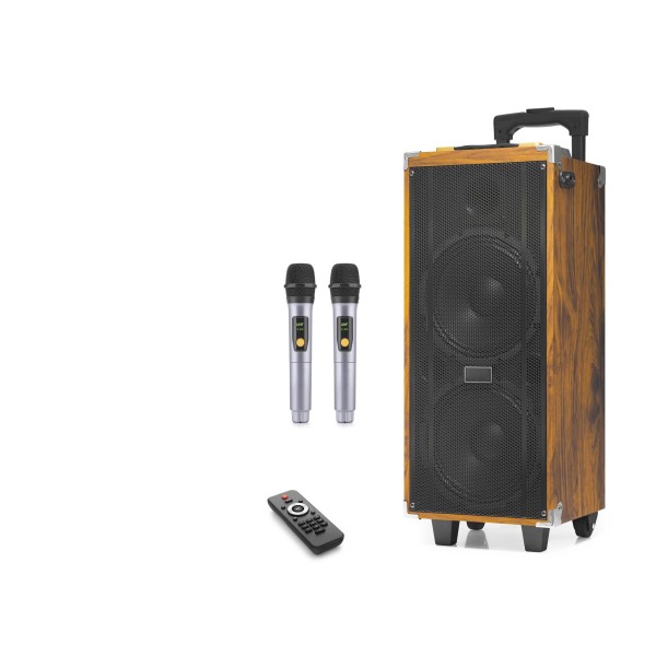 Çift Karaoke Mikrofonlu Bluetooth Hoparlör Fm Radyo 50W 2x8 İnç Rgb Kumandalı Ahşap JBR8808