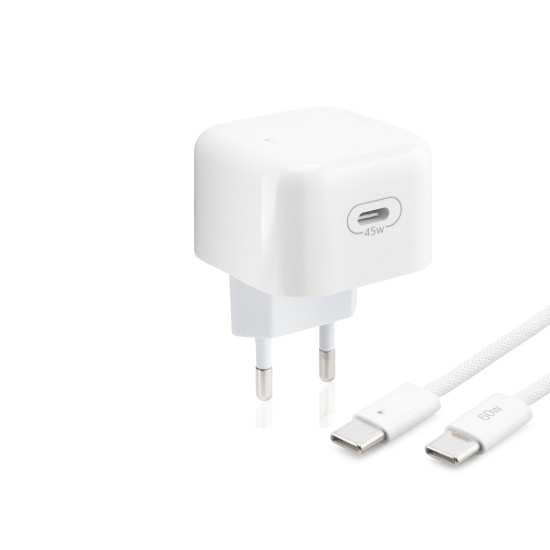 toptan-xml-dropshipping-Type-c Hızlı Şarj Seti 45W Type-c Adaptörlü 1 M Örgülü Kablolu Beyaz ND1014