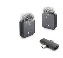 F15-2 Type-C + Lightning Kablosuz 2’Li Yaka Mikrofon Seti - Siyah