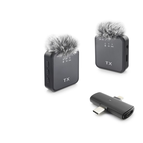 toptan-xml-dropshipping-F15-2 Type-C + Lightning Kablosuz 2’Li Yaka Mikrofon Seti - Siyah