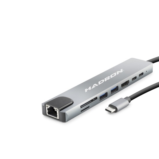 toptan-xml-dropshipping-Type-C Combo Hub Hdmi 4K Usb 3.0 Lan Kart Okuyucu 8 Port - Gri HDX7841
