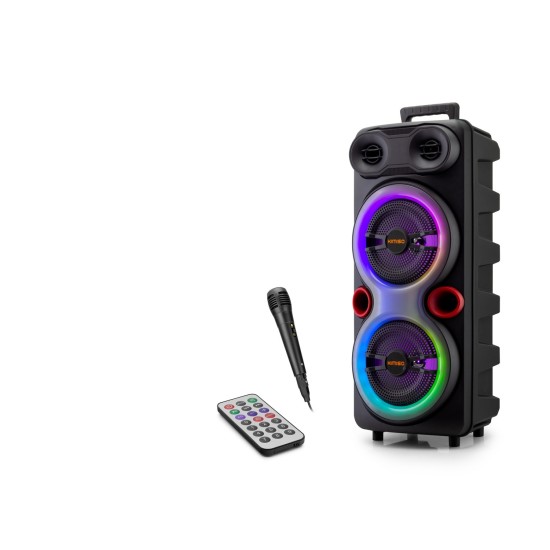 toptan-xml-dropshipping-Bluetooth Karaoke Hoparlör Fm 2 X 8 Led’li Mikrofonlu Kumandalı 25.5 X 21 X 61 Cm - Siyah QS84