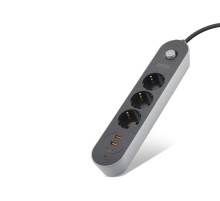 Termal Akım Korumalı Uzatma Kablosu 3 Priz + 2X Usb + Type-C Anahtarlı 2 M - Siyah SH4628