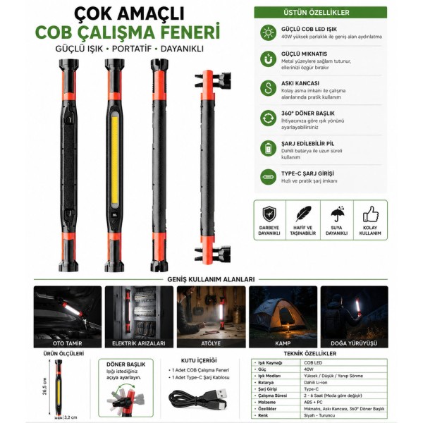 toptan-xml-dropshipping-40W COB LED Şarjlı Çalışma Lambası Mıknatıslı Askılı Type-C GS2080