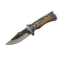 A3189C Kahve Kamp Çakısı 23cm- Manuel, At İşlemeli Ahşap Sap, Özel Kutulu, Kılıflı