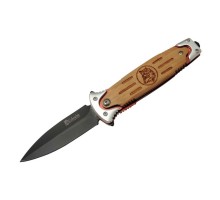 FS 11033 Kahverengi Kurtarma / Kamp Çakısı 20cm - Yarı Otomatik, Kurt İşlemeli Ahşap Sap